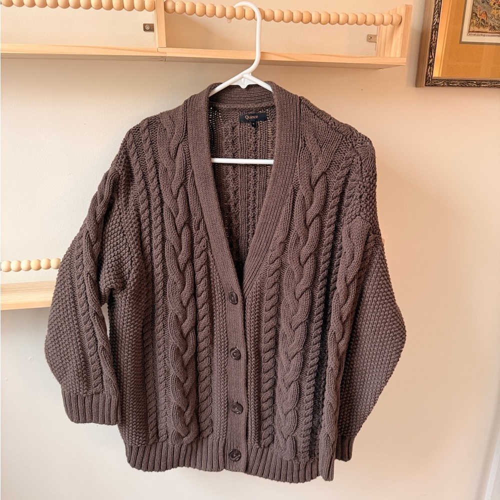 Quince Chunky Cable Knit Button-Front Cardigan - heather brown - Picture 3 of 5